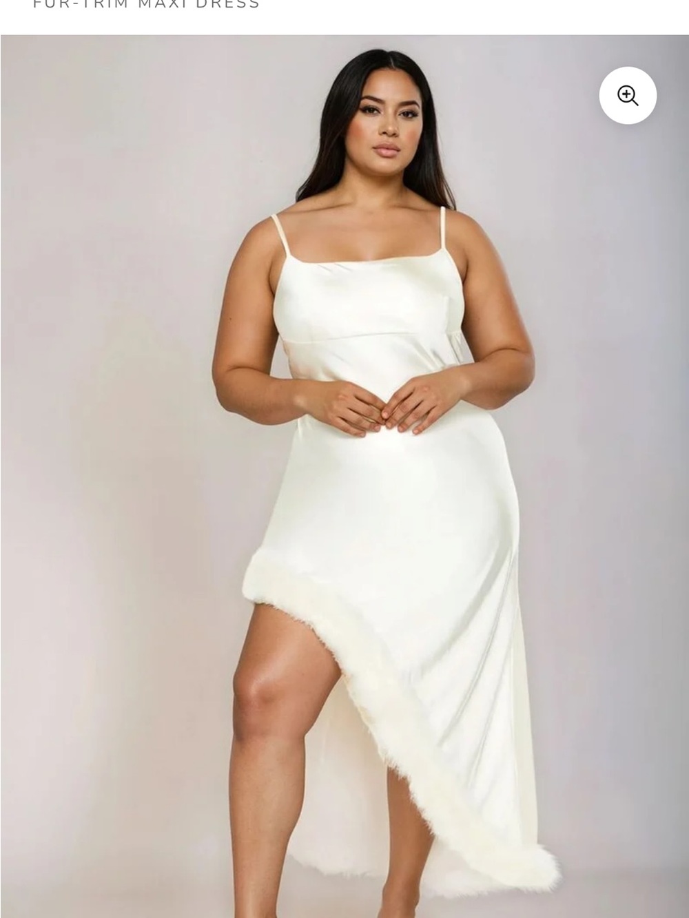 White cream asymmetric fir trimmed maxi formal dress